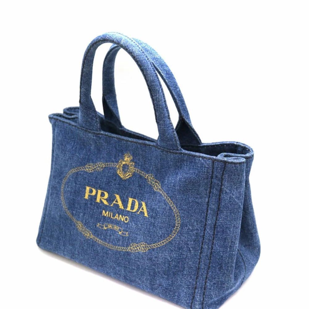 PRADA Canapa Tote Denim Bag Handbag Blue Shoulder